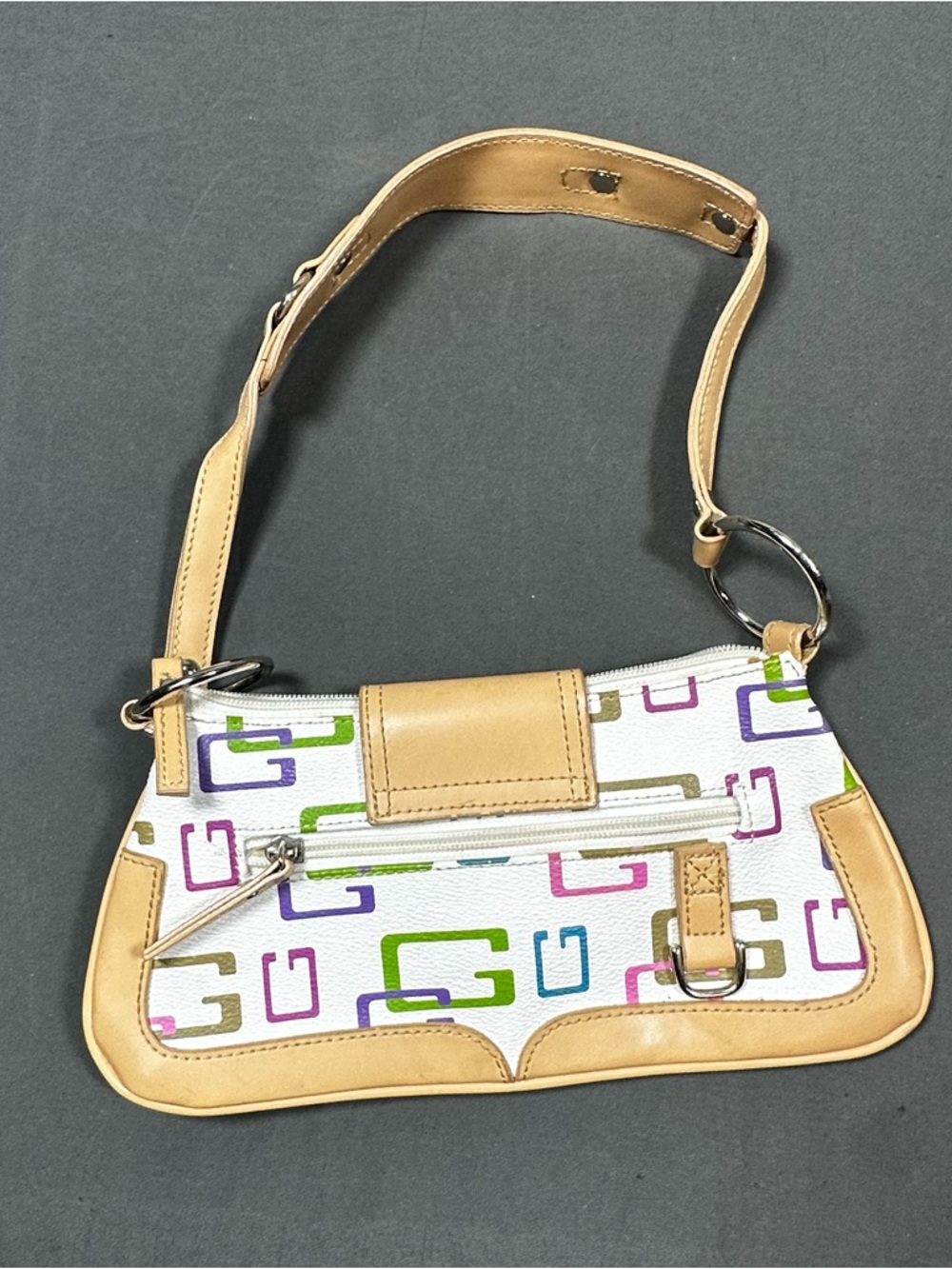 GUESS White Multicolor Logo Shoulder Bag with Tan Trim and Studs - Picture 2 of 9